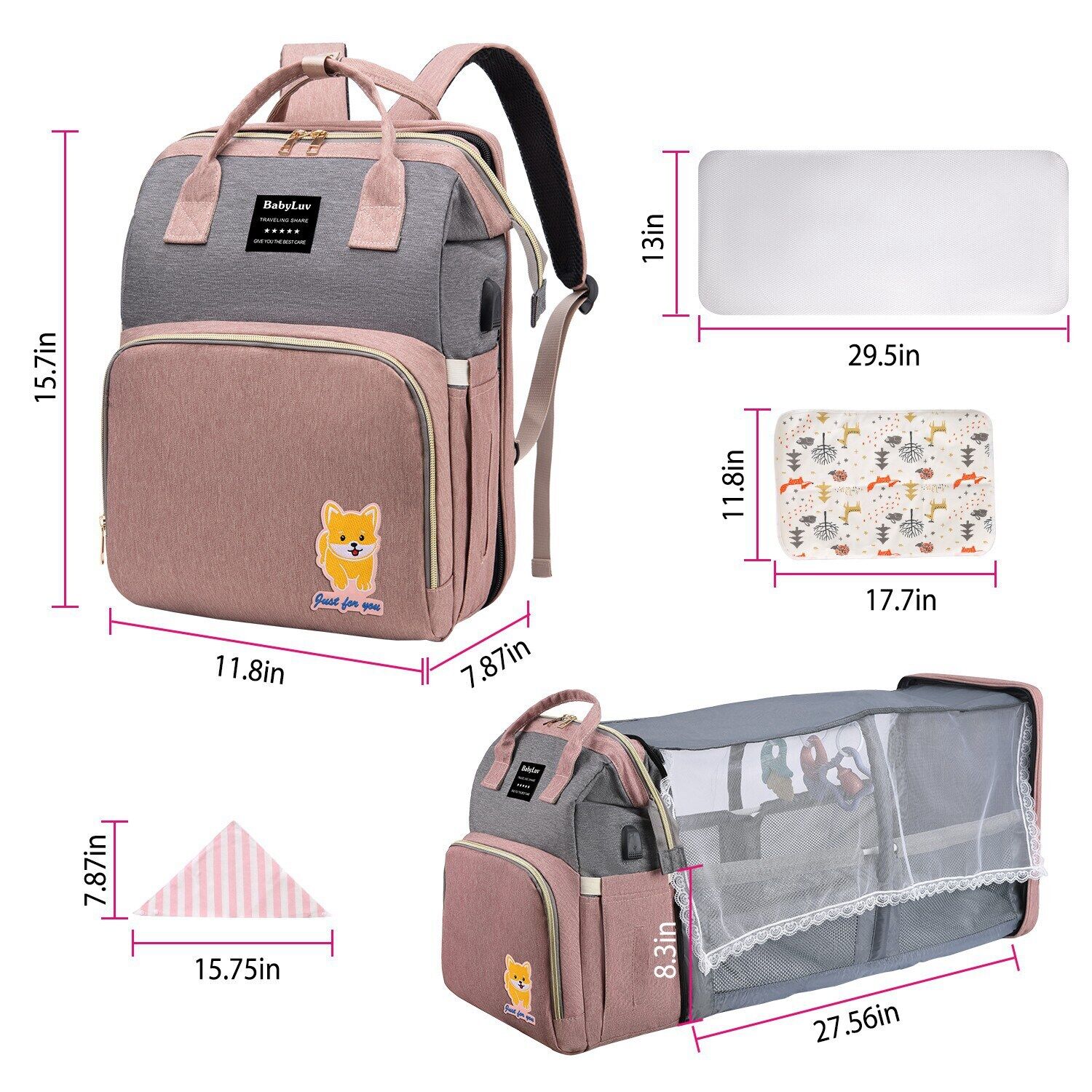 3-in-1 Baby Diaper Bag Backpack with Changing Station Portable Mommy Travel Bag 24Hr Smart